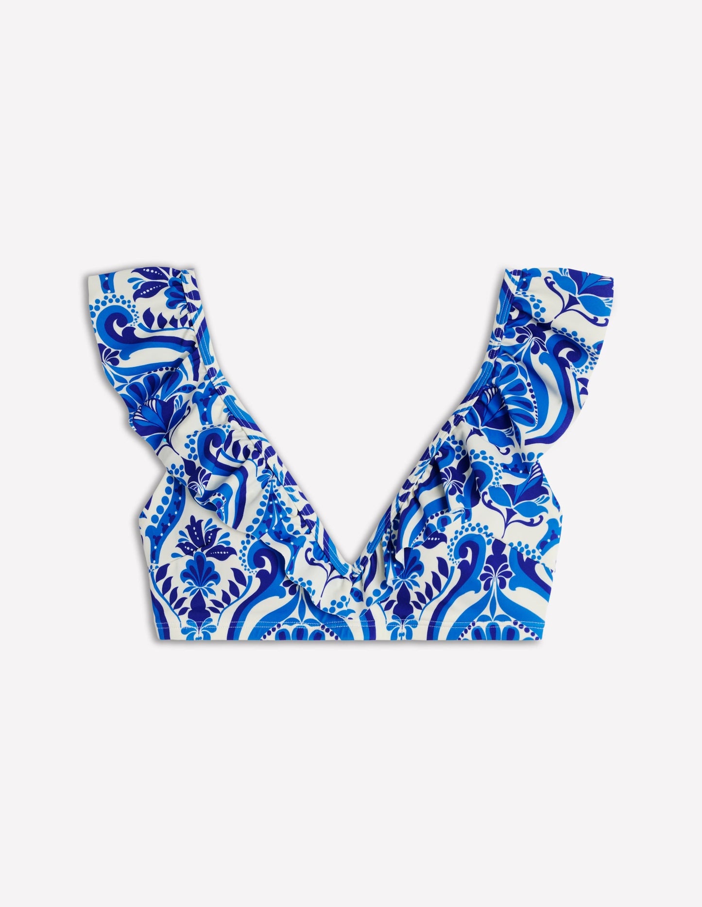 Evia Ruffle Bikini Top-Blue, Ornamental Floral