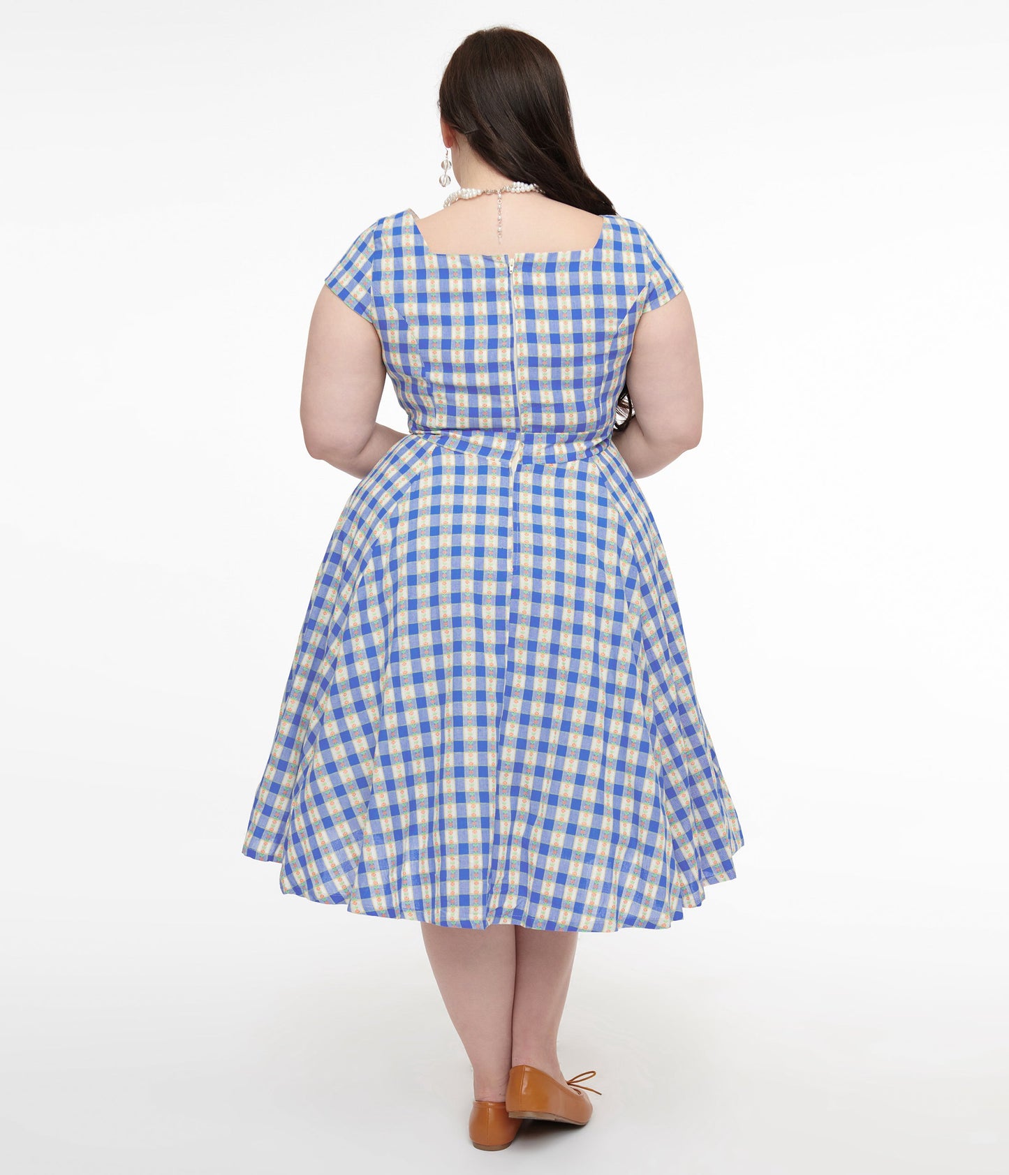 Magnolia Place Plus Size 1950s Blue Floral Gingham Anna Swing Dress