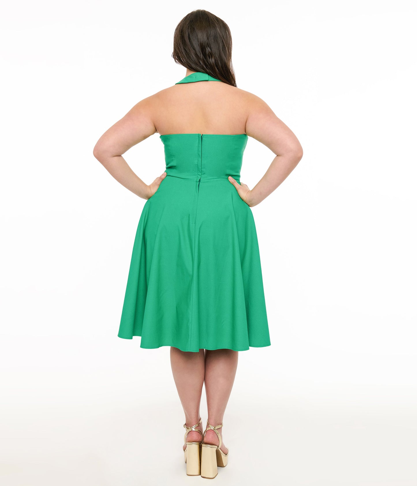 Unique Vintage Plus Size 1950s Green Criss Cross Halter Rita Flare Dress