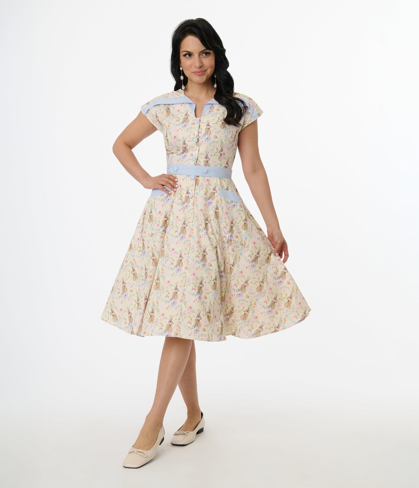 Unique Vintage 1950s Cream & Light Blue Bunny Rabbit Print Hedda Swing Dress