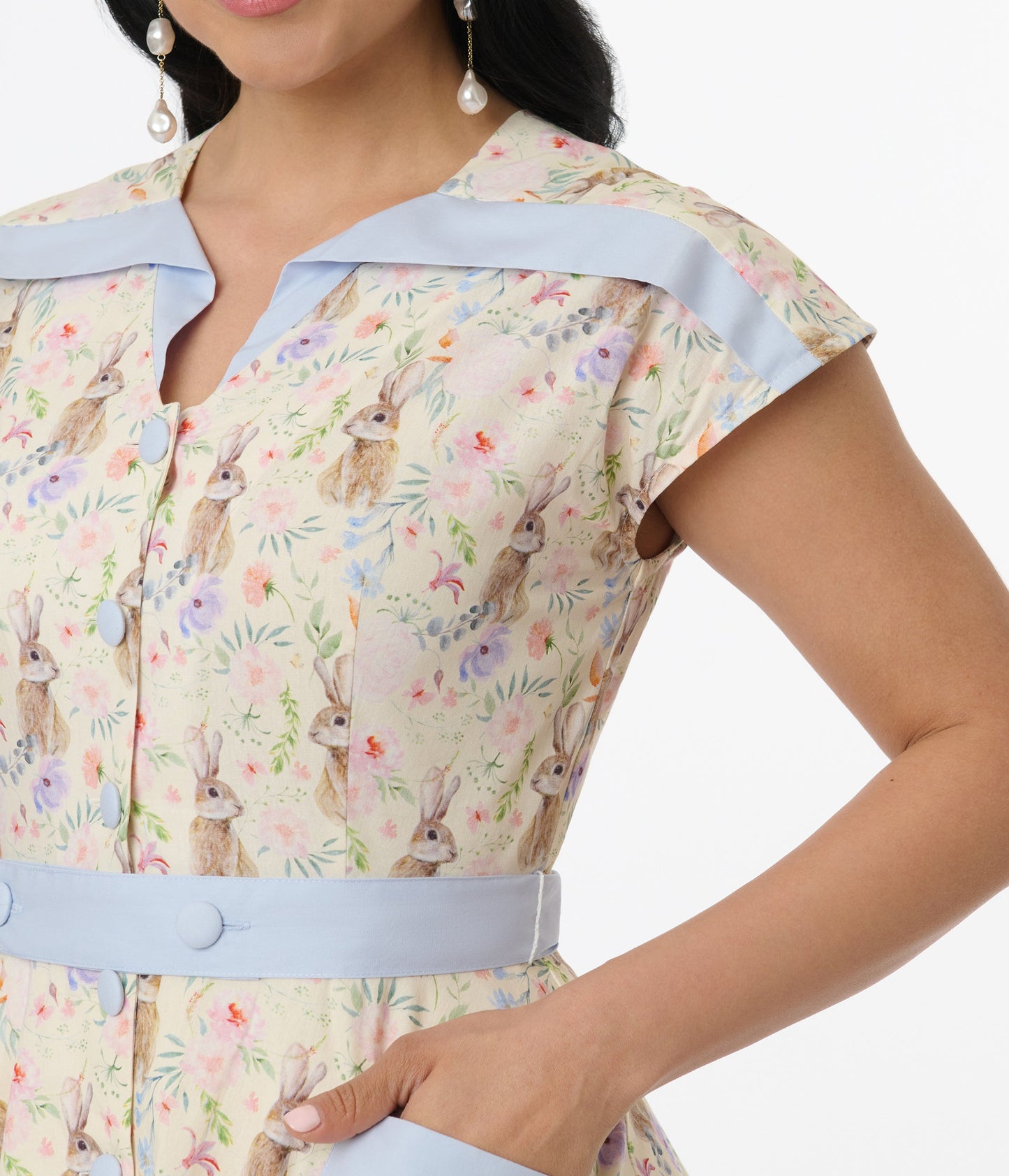 Unique Vintage 1950s Cream & Light Blue Bunny Rabbit Print Hedda Swing Dress