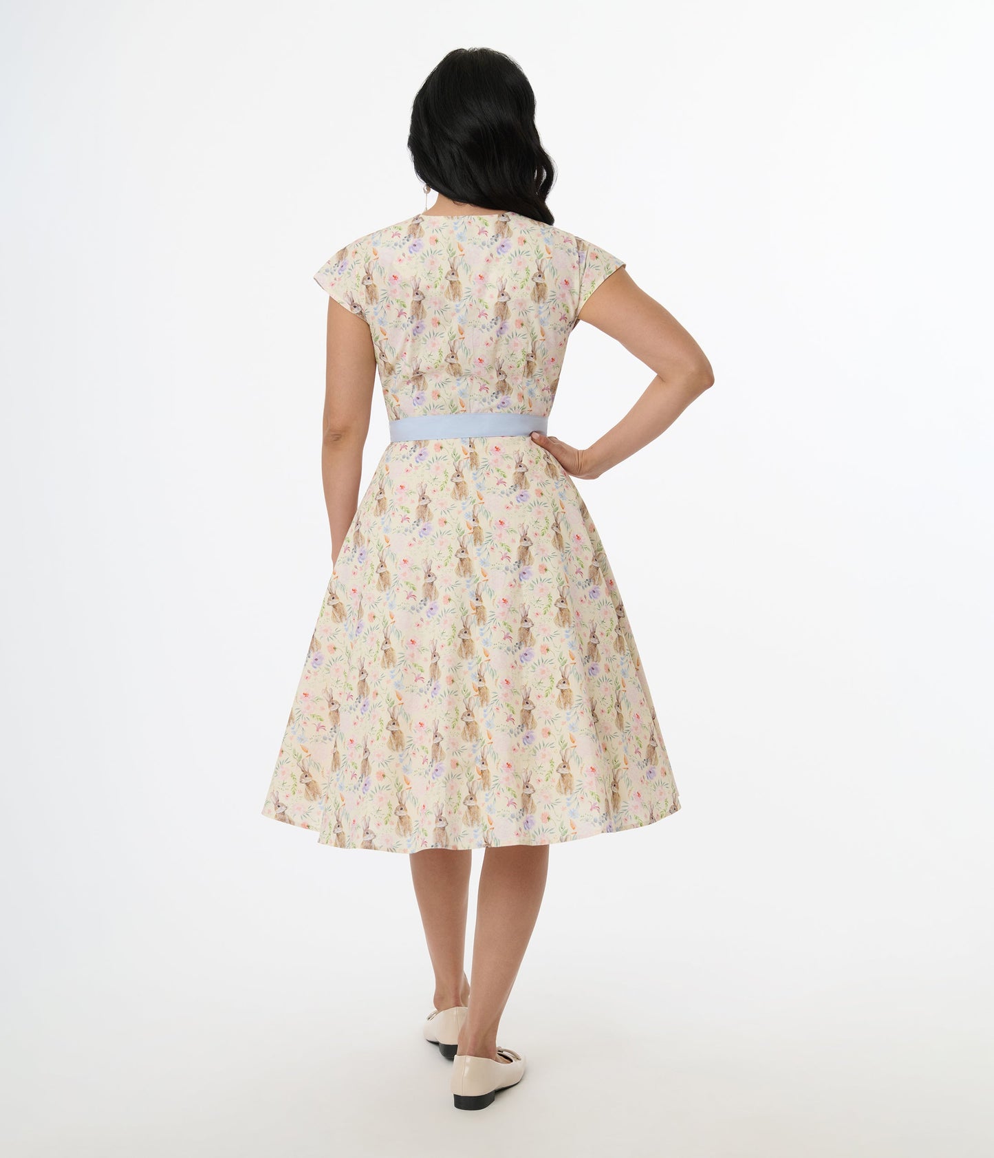 Unique Vintage 1950s Cream & Light Blue Bunny Rabbit Print Hedda Swing Dress