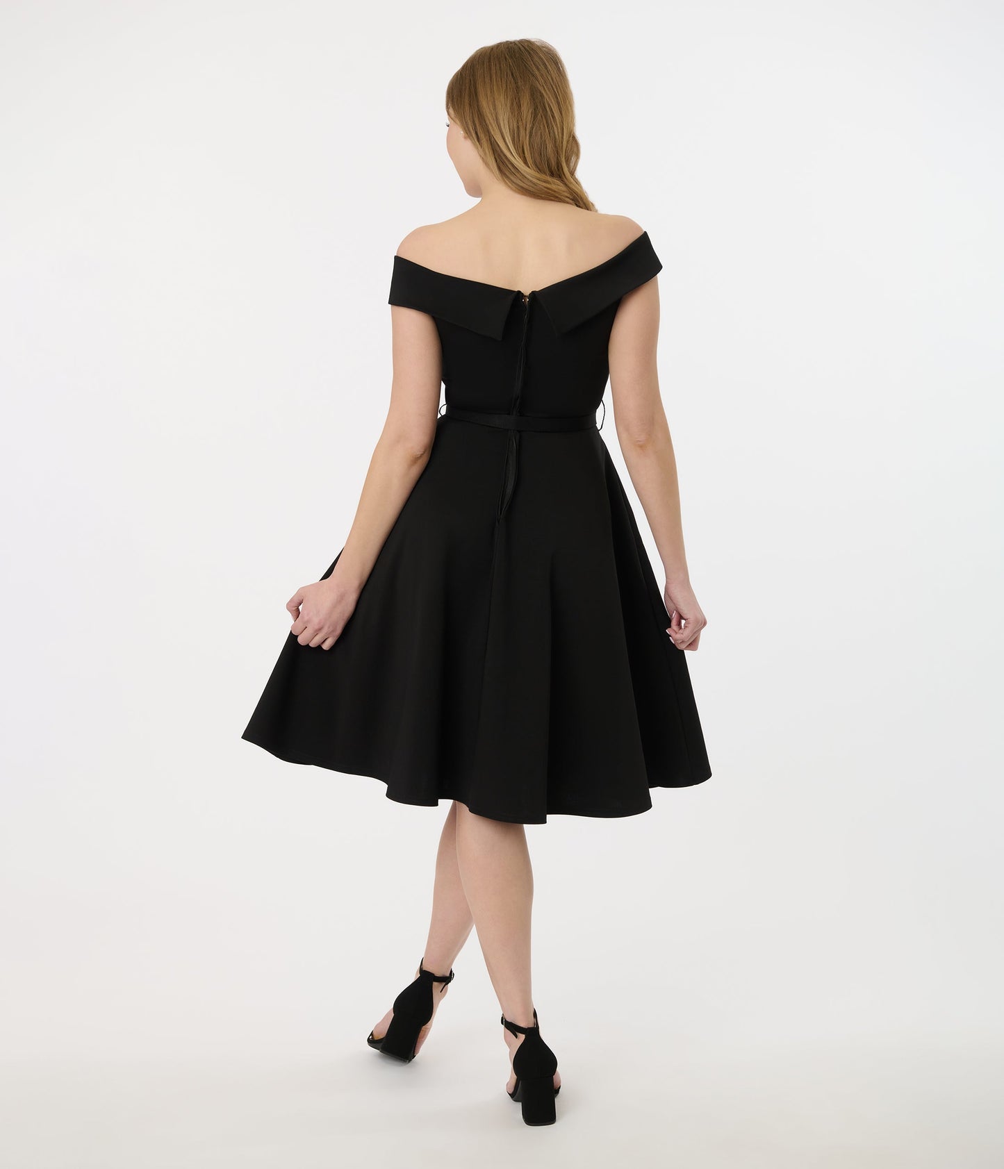 Unique Vintage 1950s Black Off the Shoulder Swing Dress