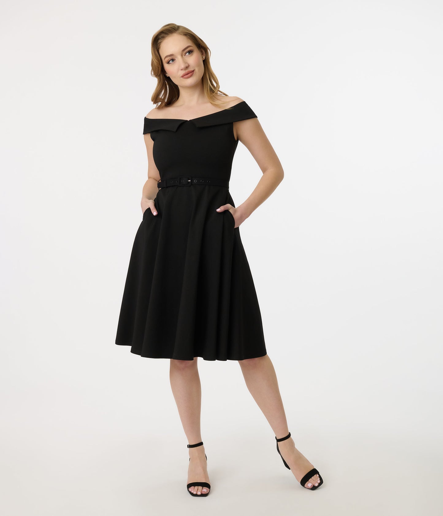 Unique Vintage 1950s Black Off the Shoulder Swing Dress