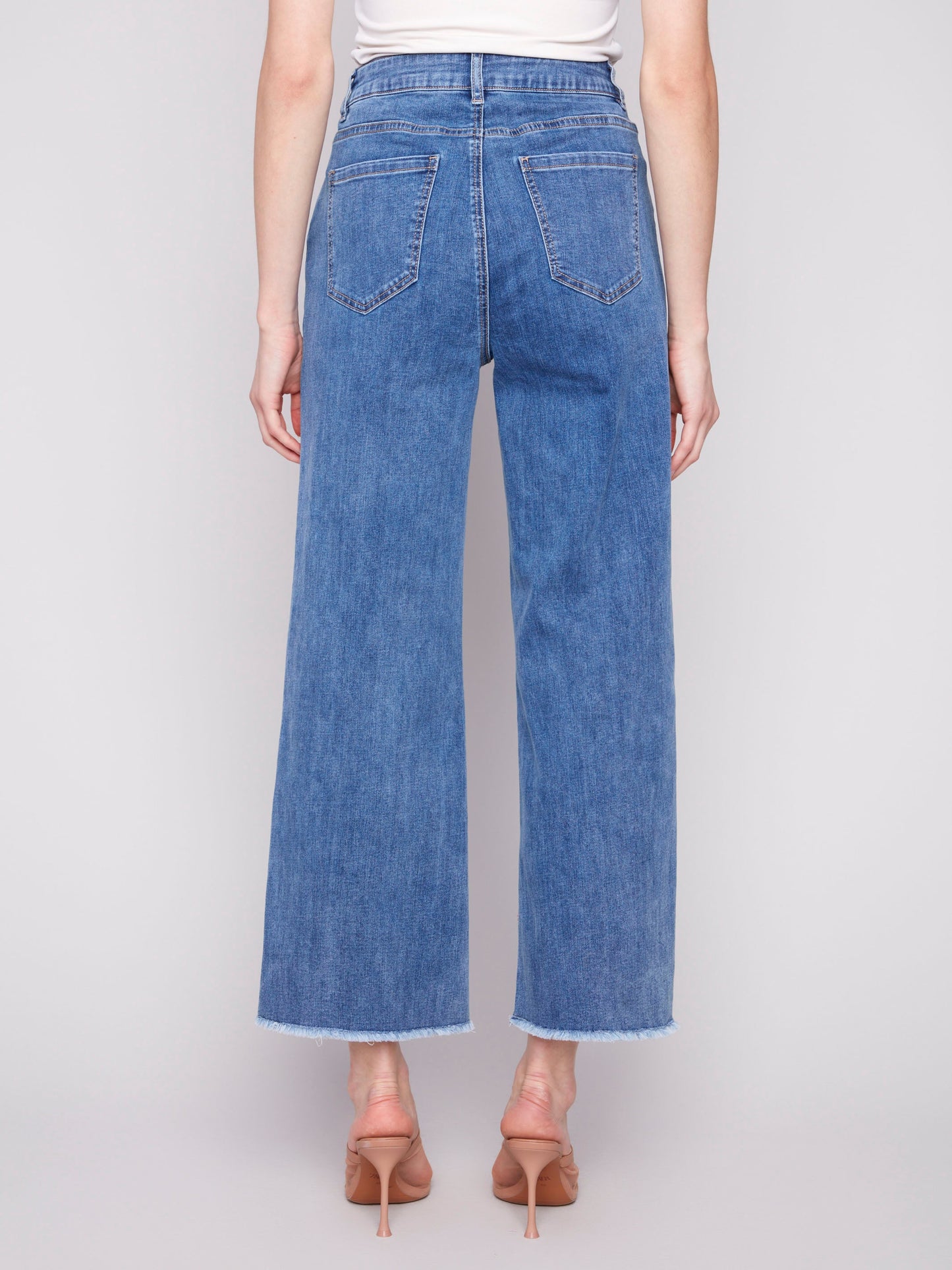 Wide Leg Jeans with Floral Embroidered Hem - Medium Blue