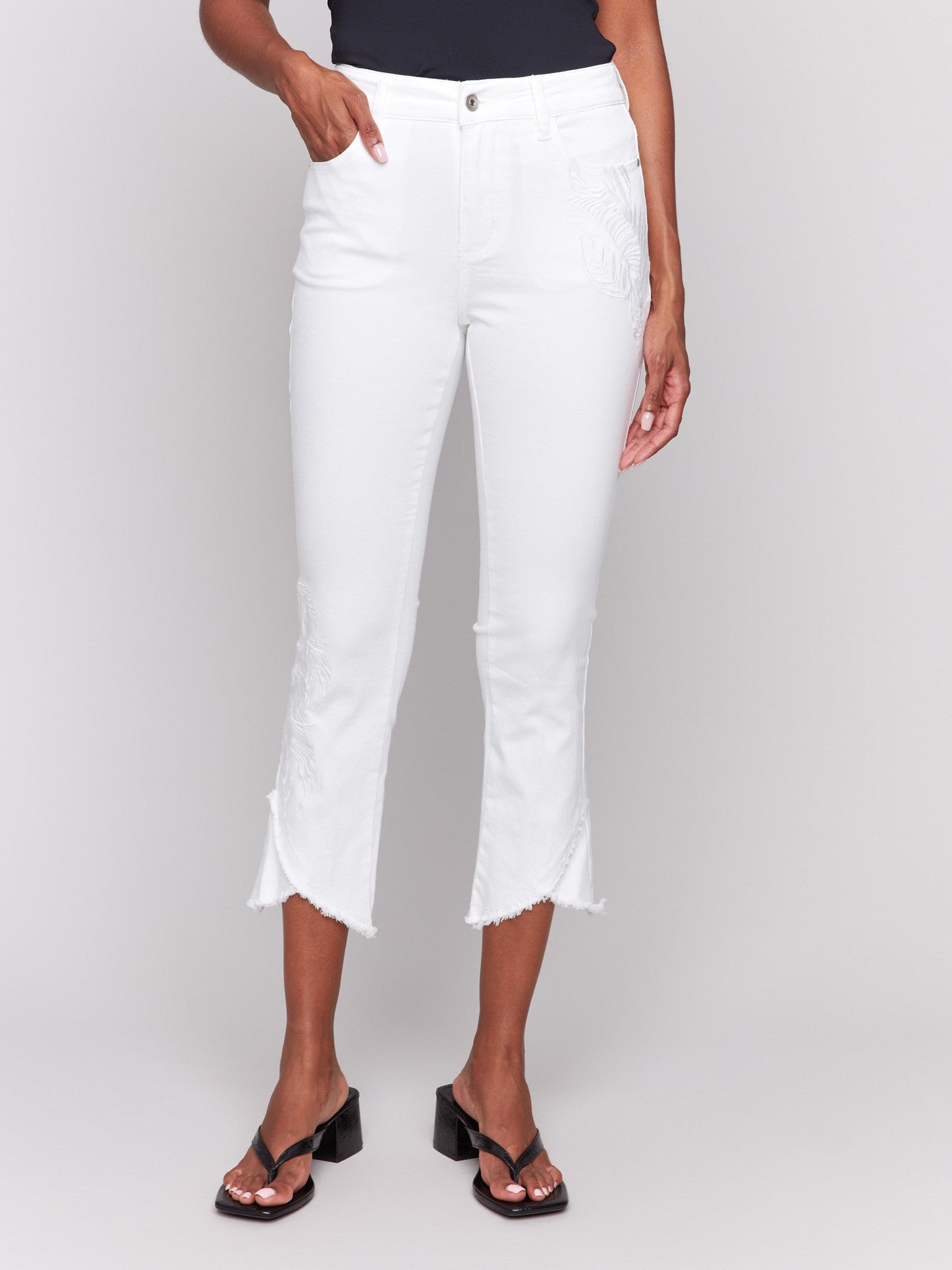 Embroidered Bootcut Twill Pants with Tulip Hem - White