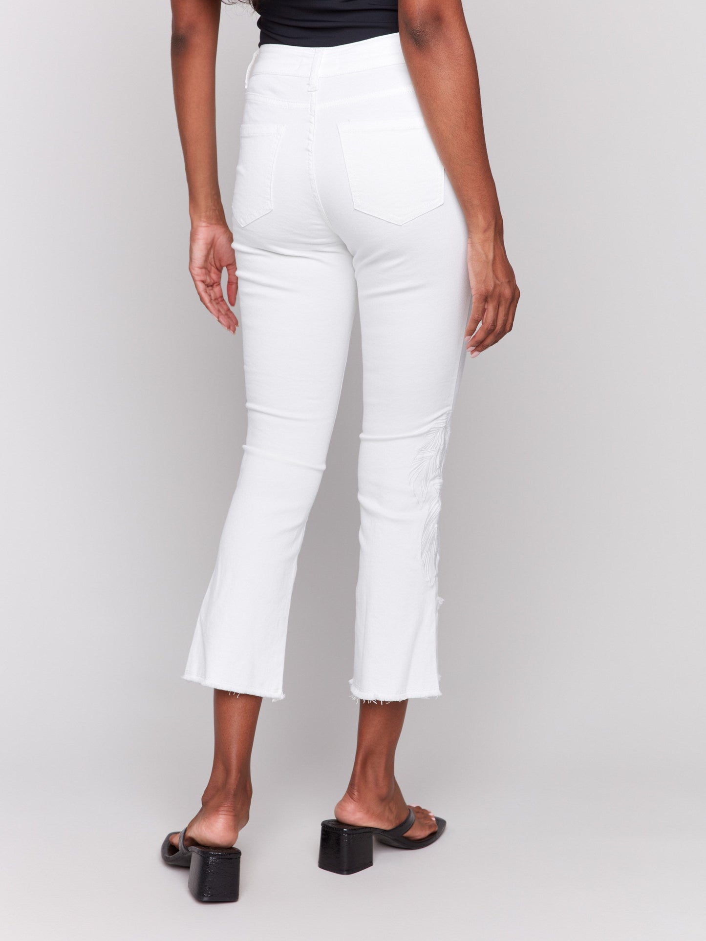 Embroidered Bootcut Twill Pants with Tulip Hem - White