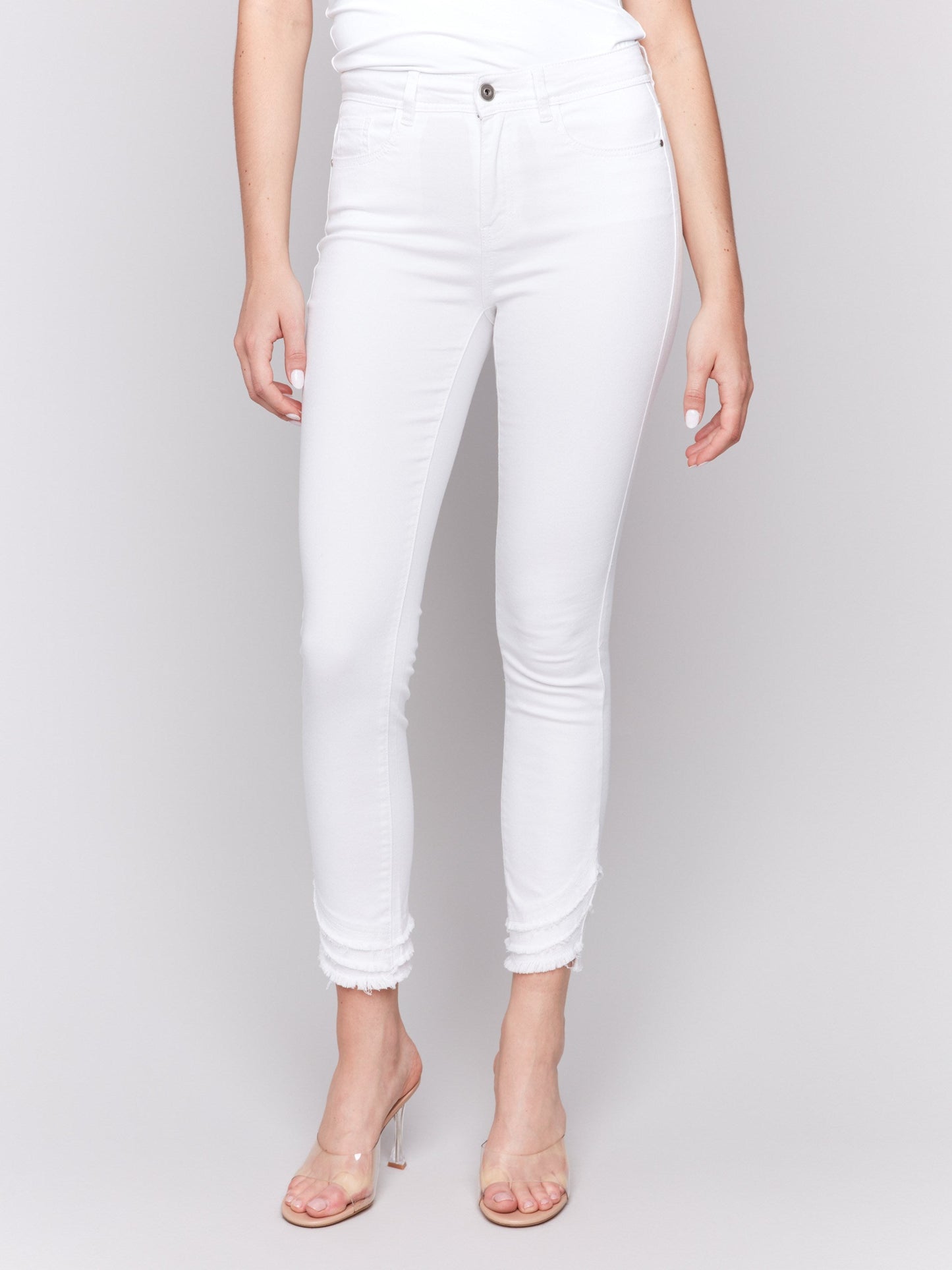 Frayed Hem Twill Pants - White