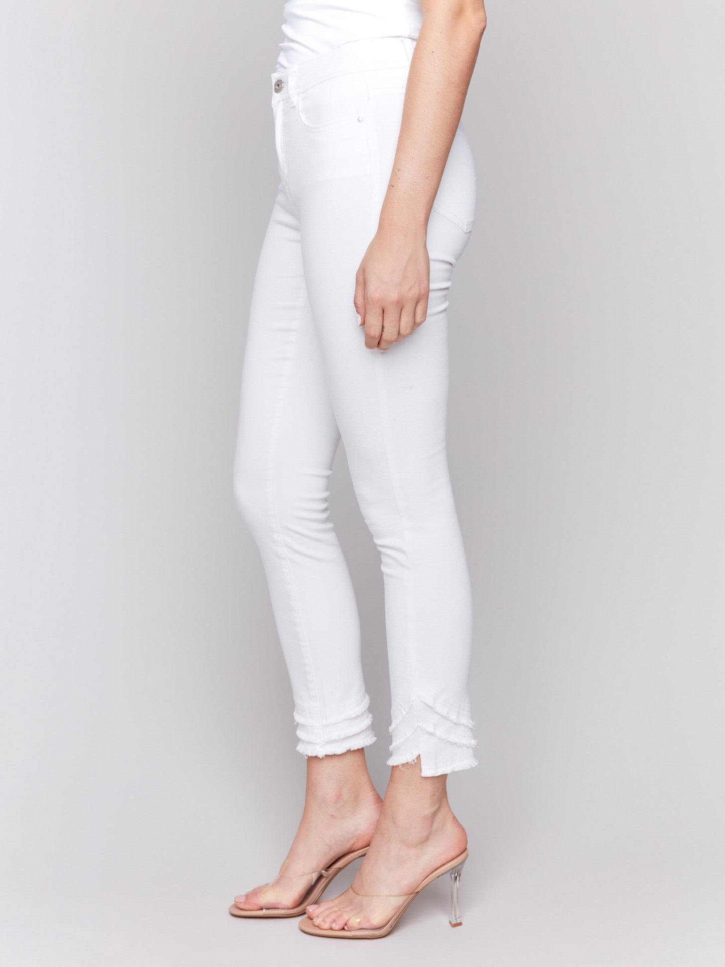 Frayed Hem Twill Pants - White