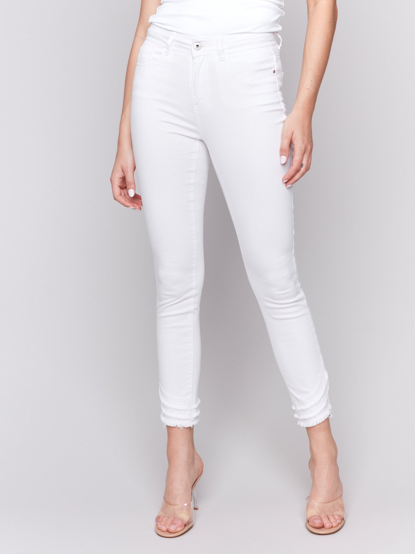 Frayed Hem Twill Pants - White