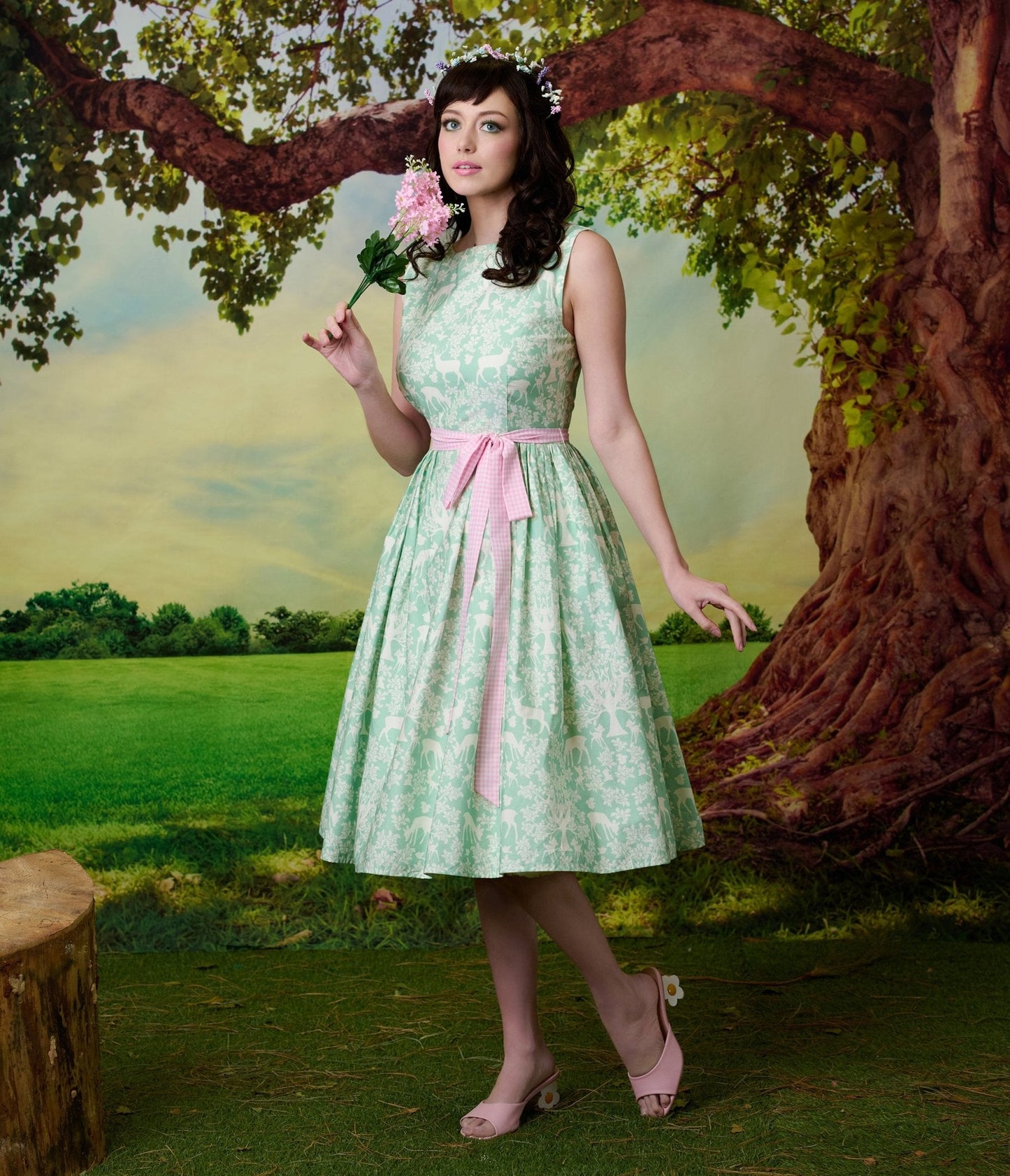 Disney Bambi Collection by Unique Vintage Green Forest Friends & Pink Gingham Sleeveless Swing Dress