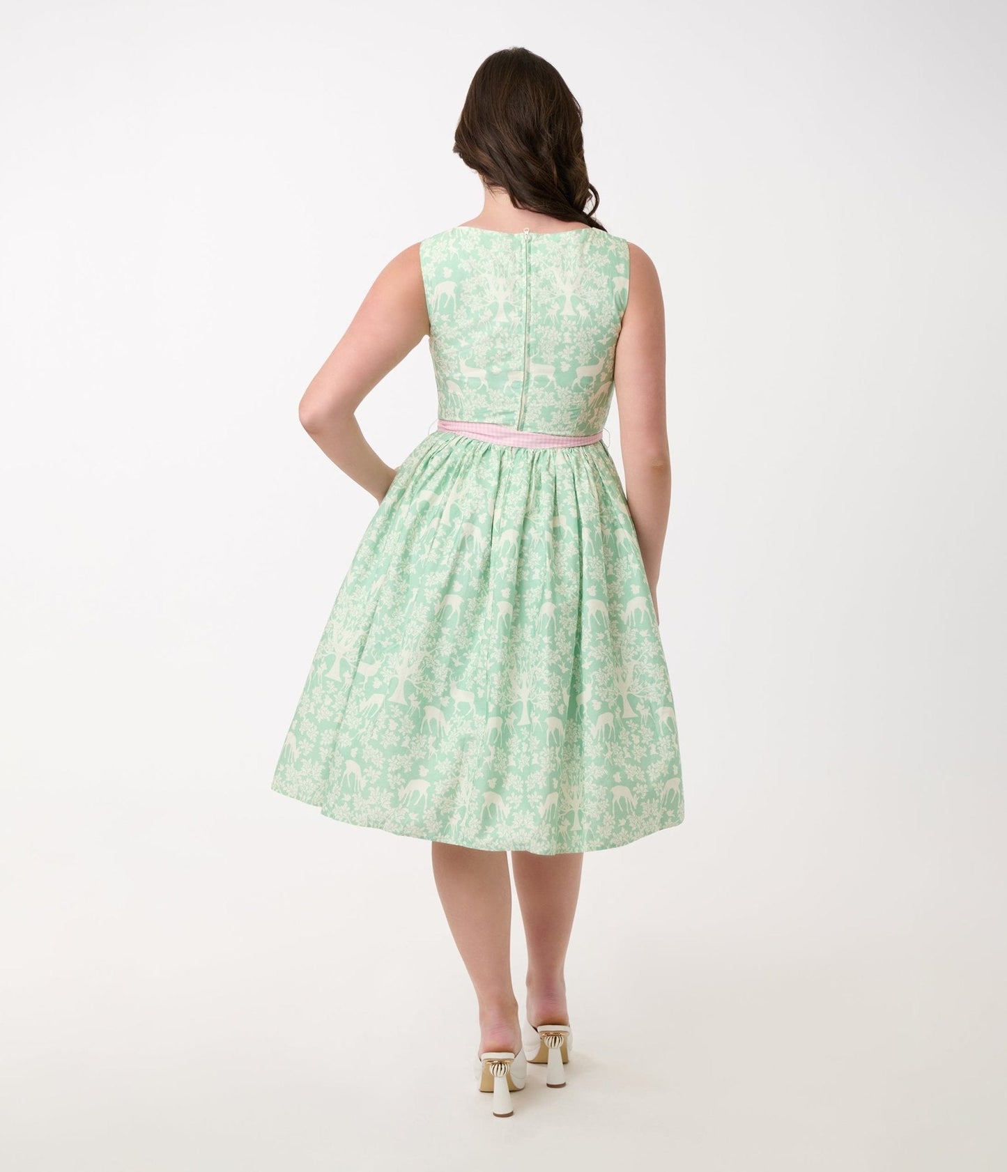 Disney Bambi Collection by Unique Vintage Green Forest Friends & Pink Gingham Sleeveless Swing Dress