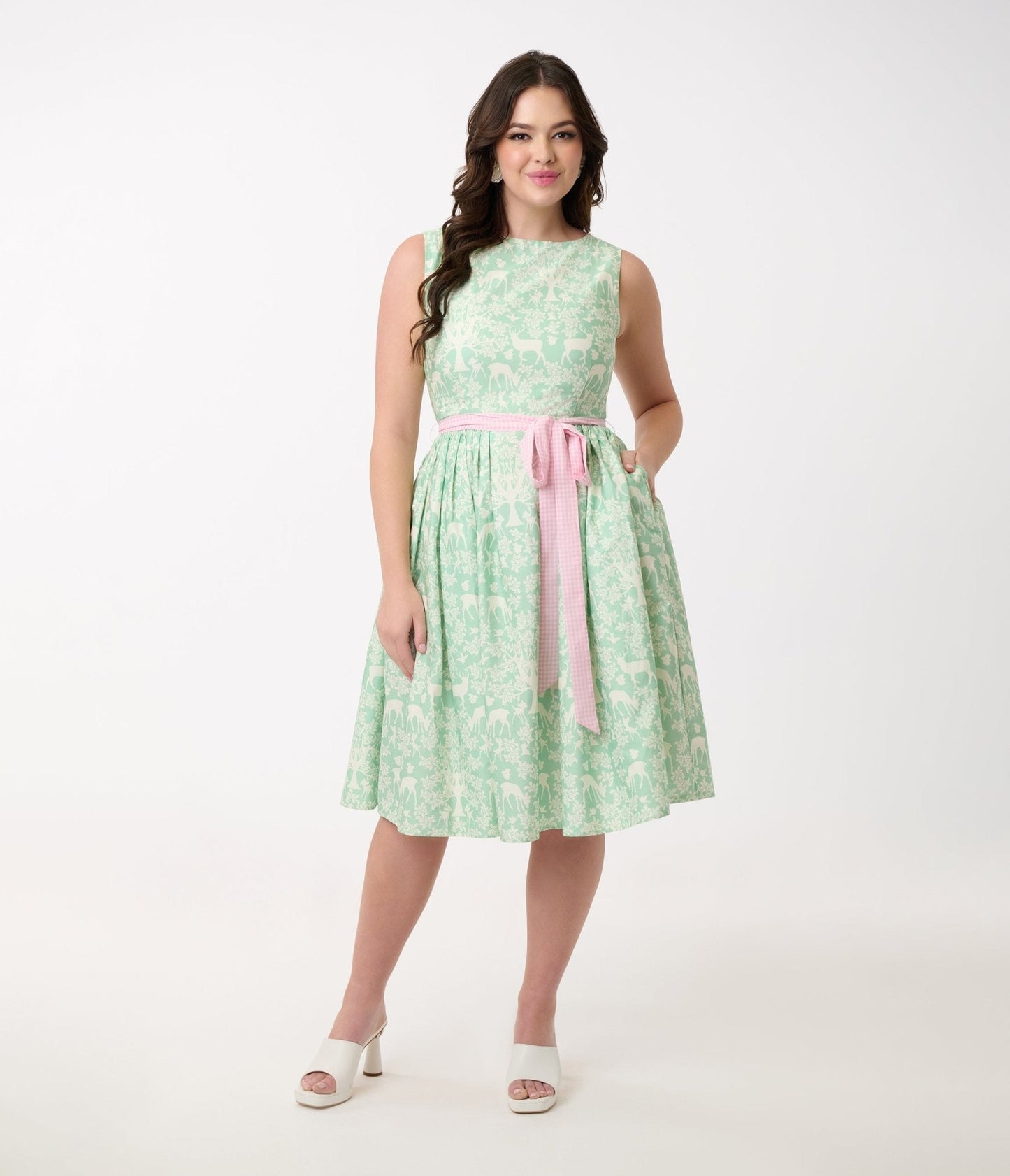 Disney Bambi Collection by Unique Vintage Green Forest Friends & Pink Gingham Sleeveless Swing Dress