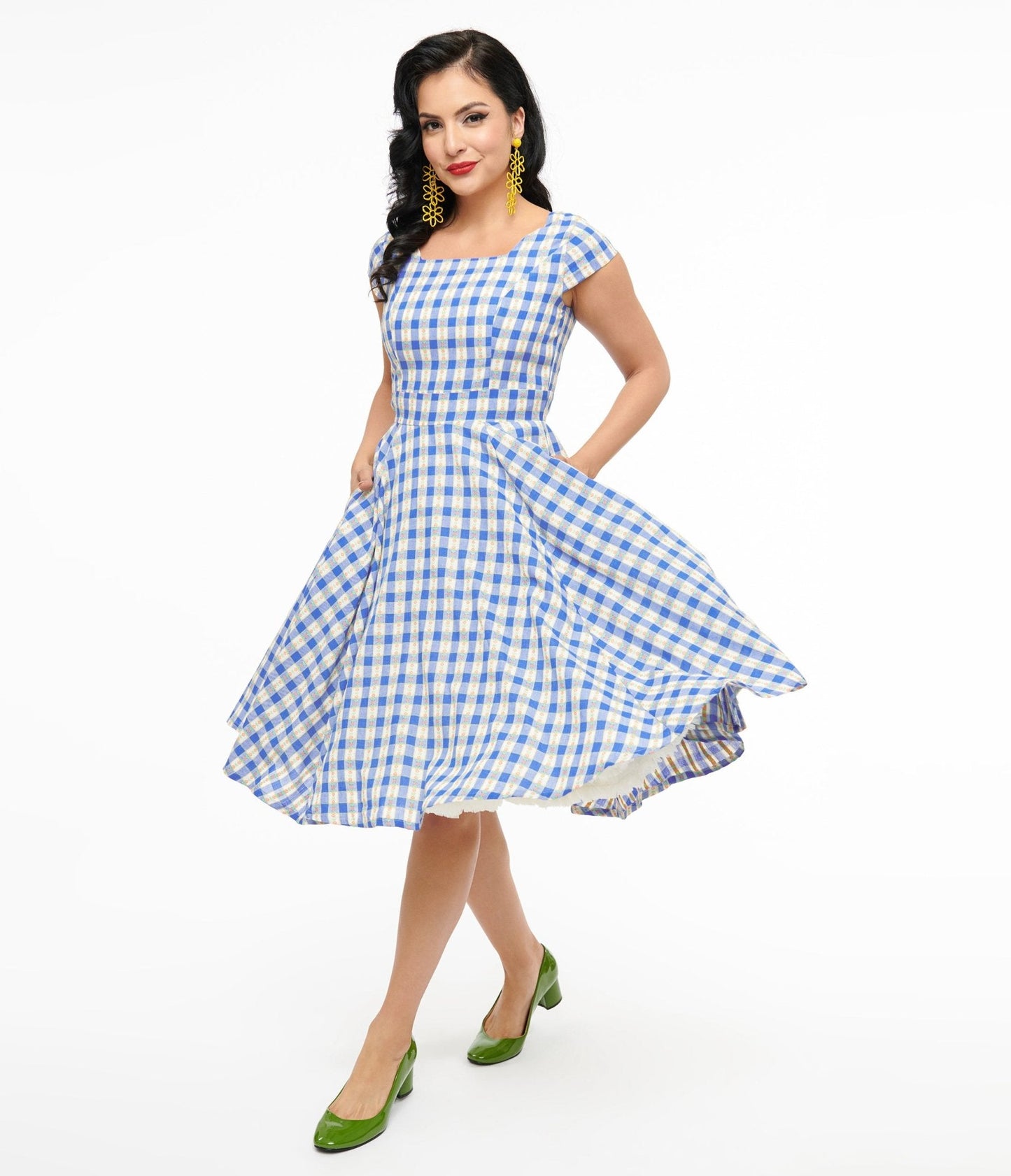 Magnolia Place 1950s Blue Floral Gingham Anna Swing Dress