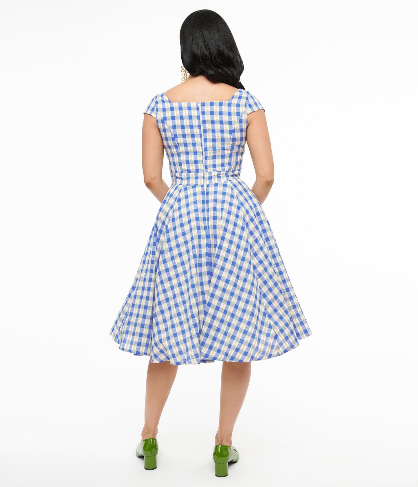 Magnolia Place 1950s Blue Floral Gingham Anna Swing Dress