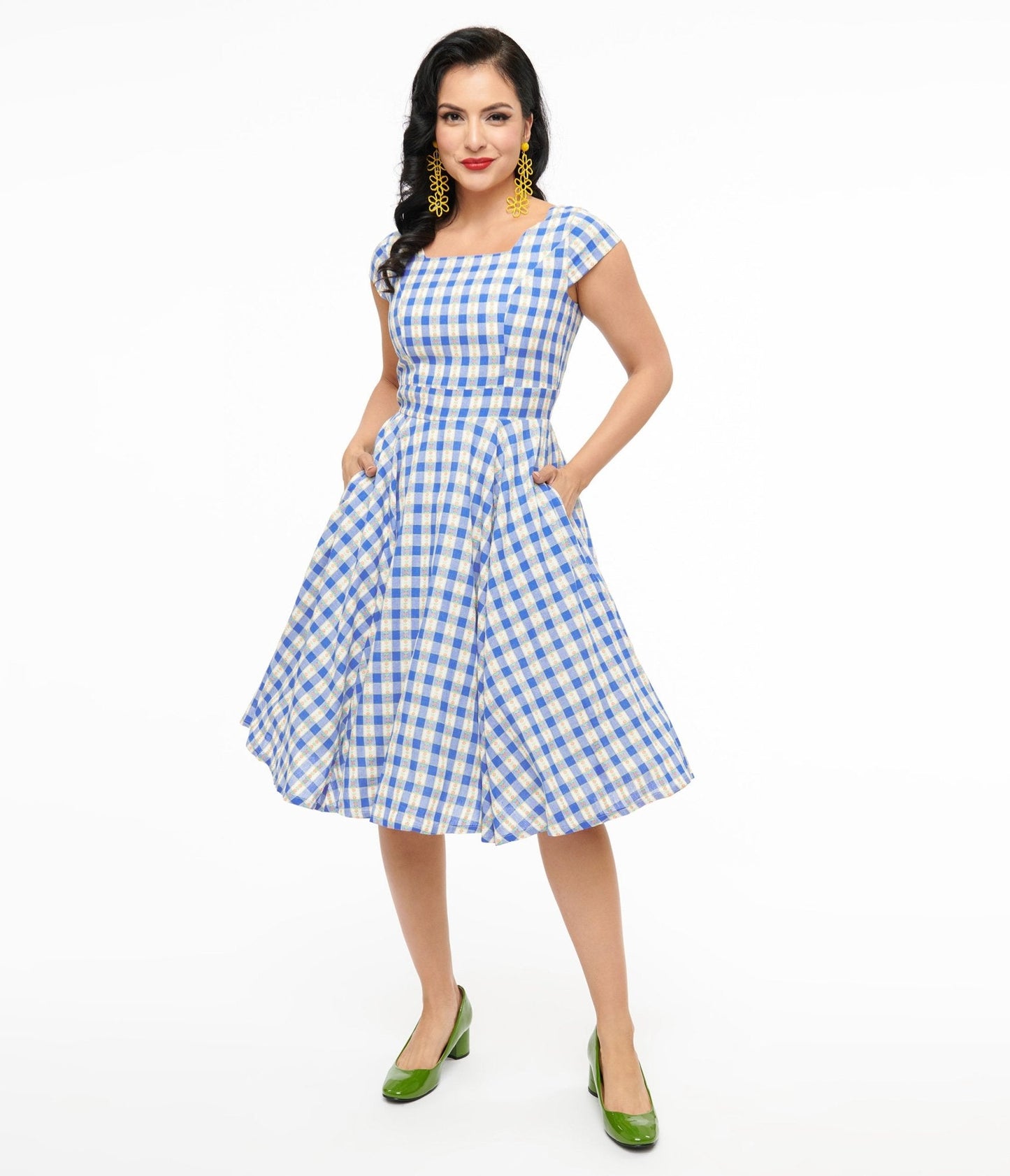 Magnolia Place 1950s Blue Floral Gingham Anna Swing Dress