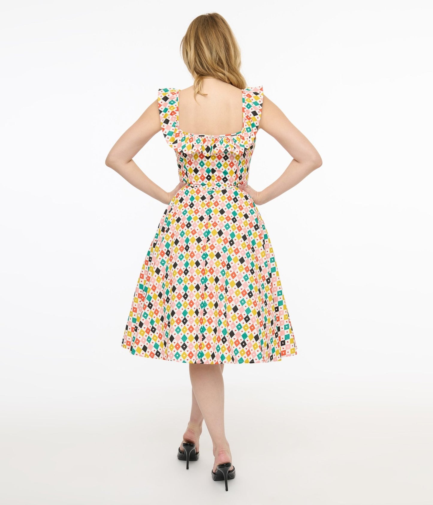 Magnolia Place 1950s Multicolor Diamond Print Barbara Swing Dress