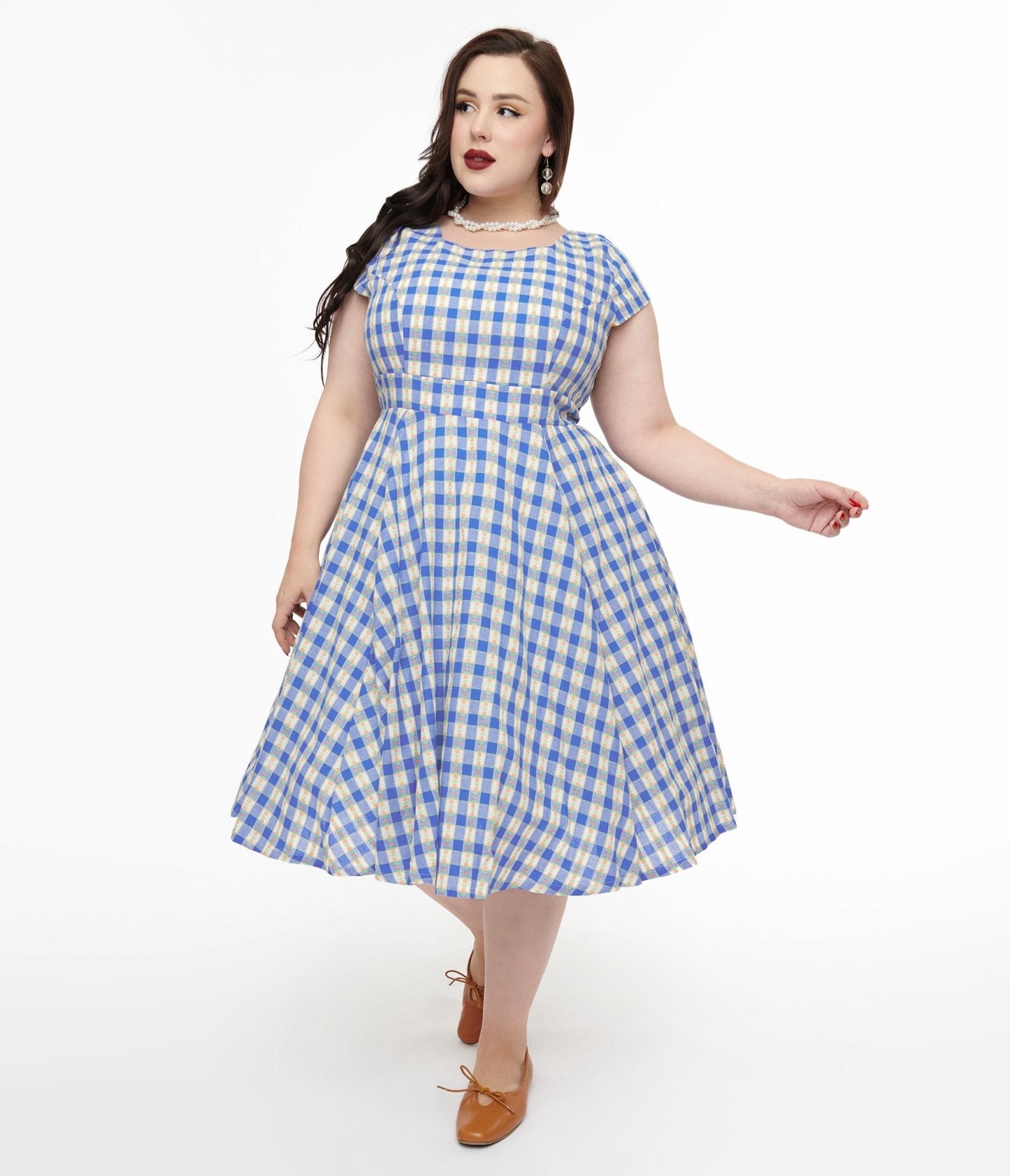 Magnolia Place Plus Size 1950s Blue Floral Gingham Anna Swing Dress
