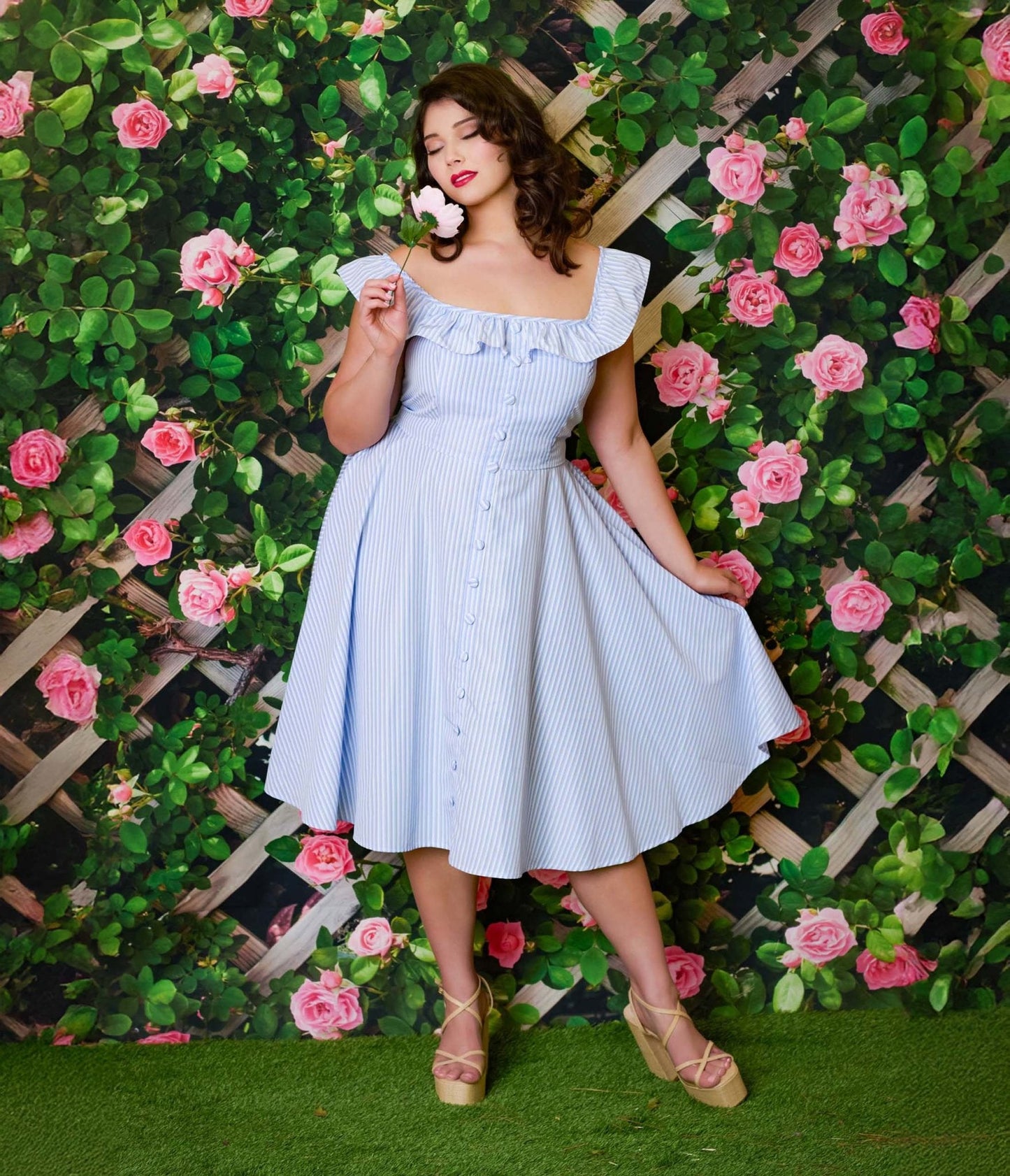 Magnolia Place Plus Size 1950s Blue & White Stripe Barbara Swing Dress