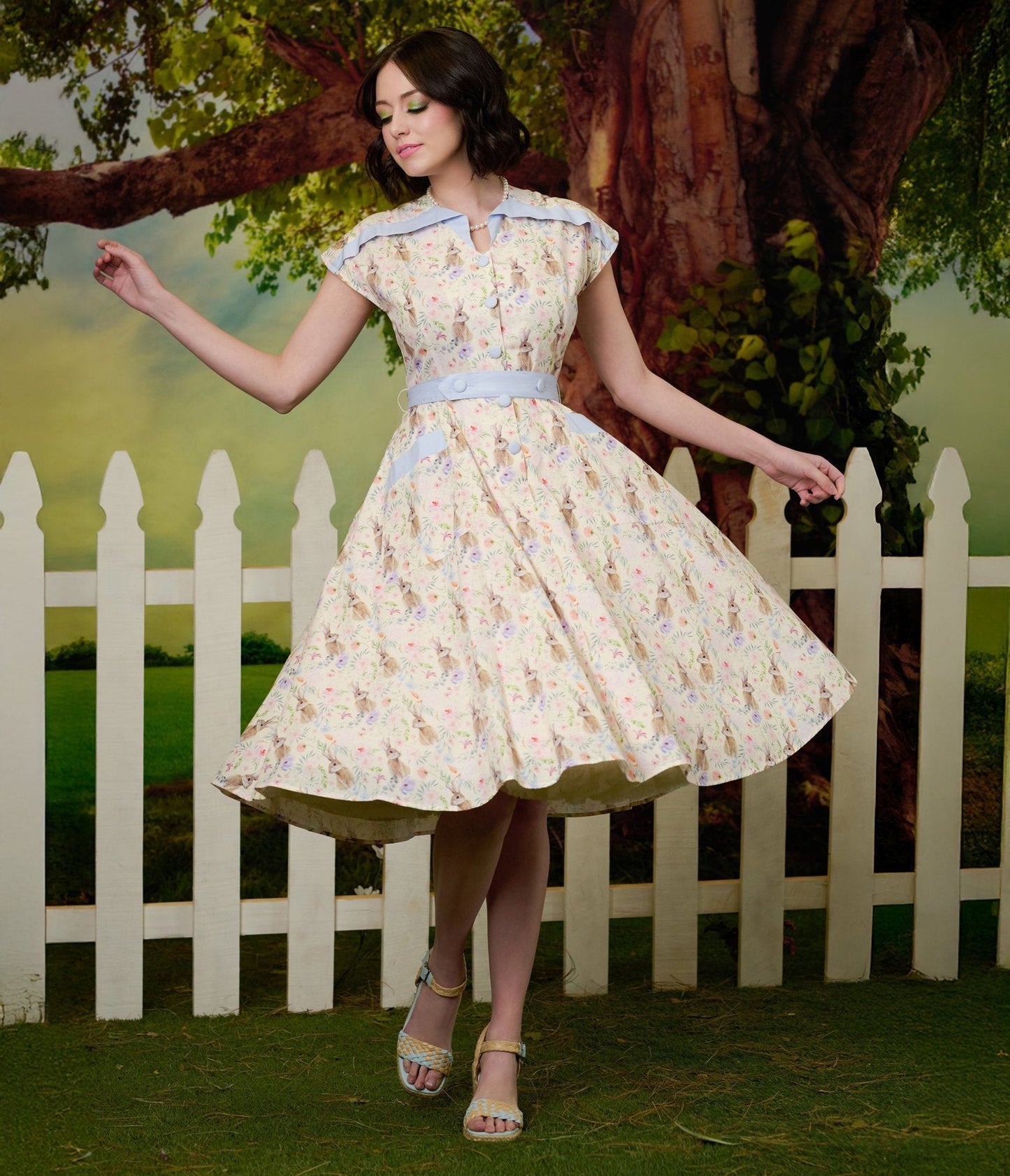 Unique Vintage 1950s Cream & Light Blue Bunny Rabbit Print Hedda Swing Dress
