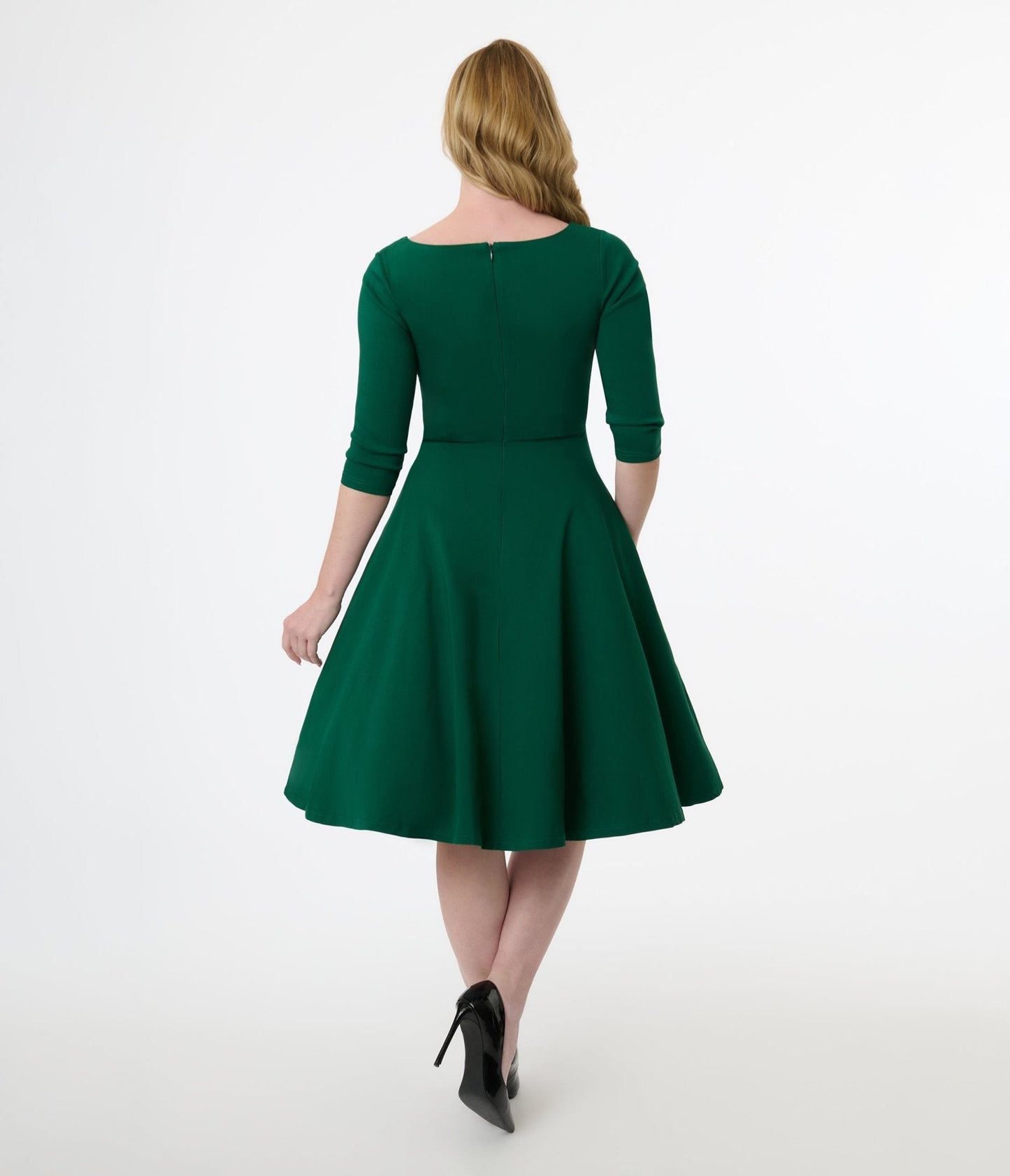 Unique Vintage 1950s Emerald Green Pleated Bust Swing Dress