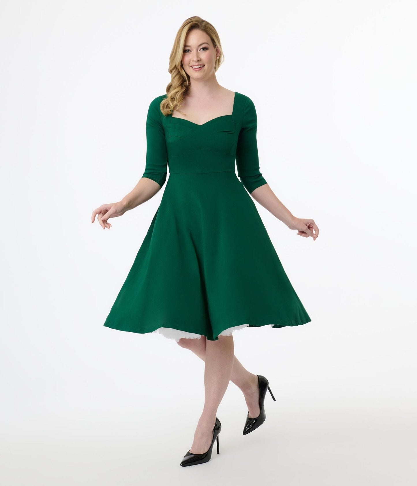 Unique Vintage 1950s Emerald Green Pleated Bust Swing Dress