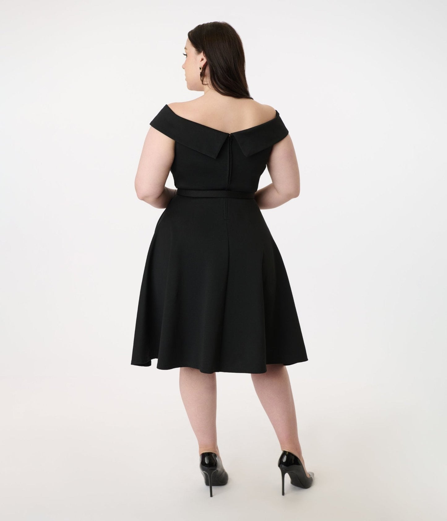 Unique Vintage Plus Size 1950s Black Off the Shoulder Swing Dress