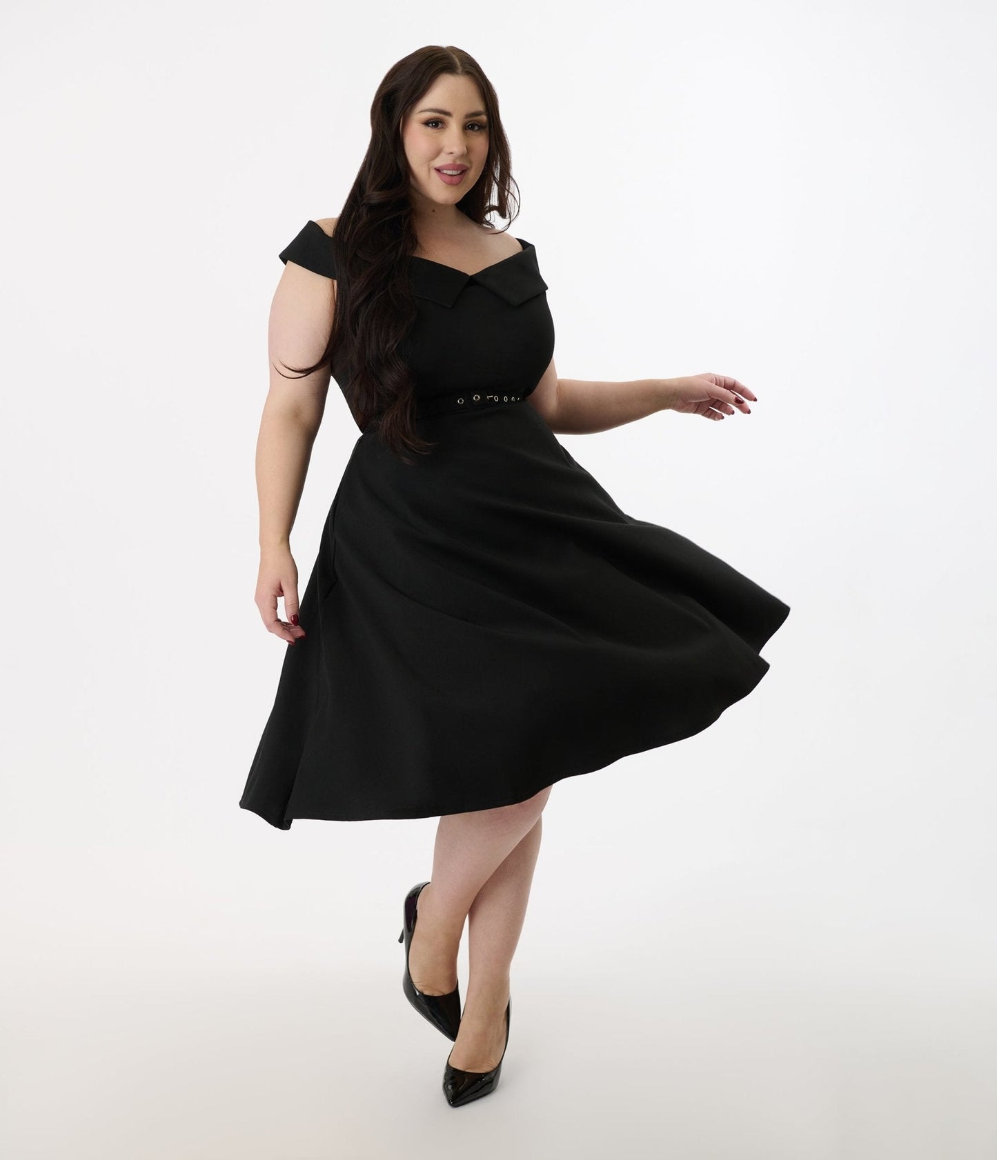 Unique Vintage Plus Size 1950s Black Off the Shoulder Swing Dress