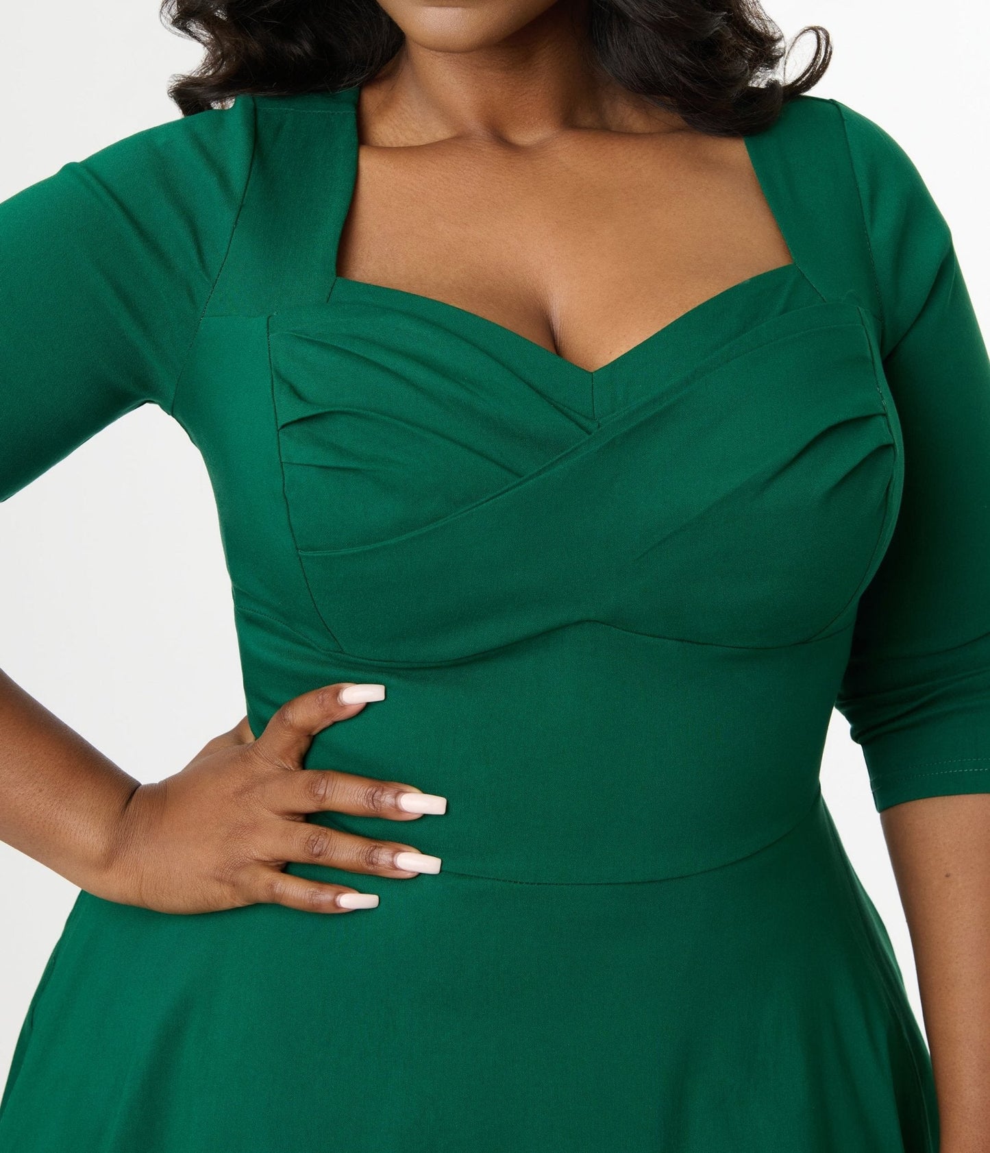 Unique Vintage Plus Size 1950s Emerald Green Pleated Bust Swing Dress