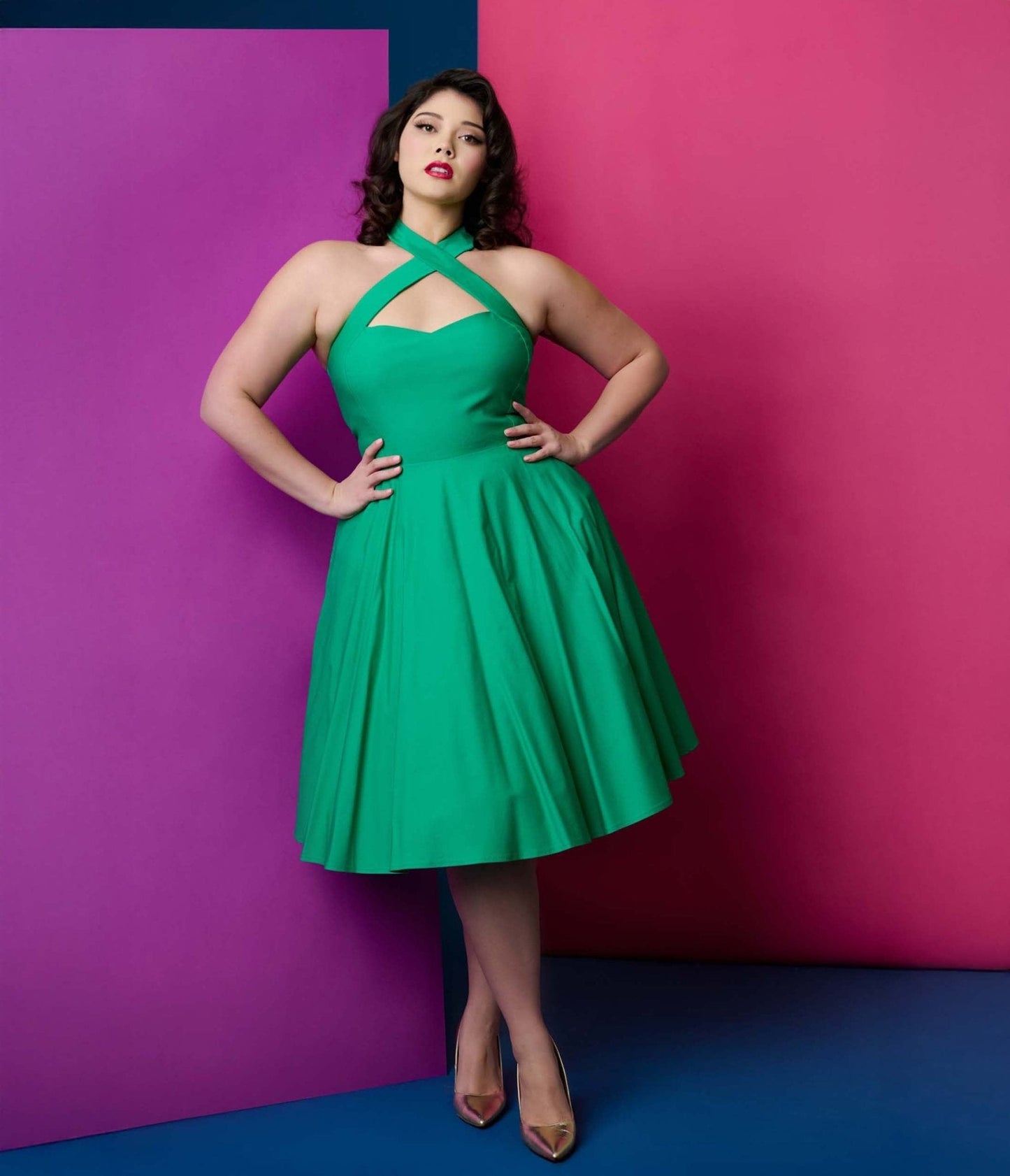 Unique Vintage Plus Size 1950s Green Criss Cross Halter Rita Flare Dress