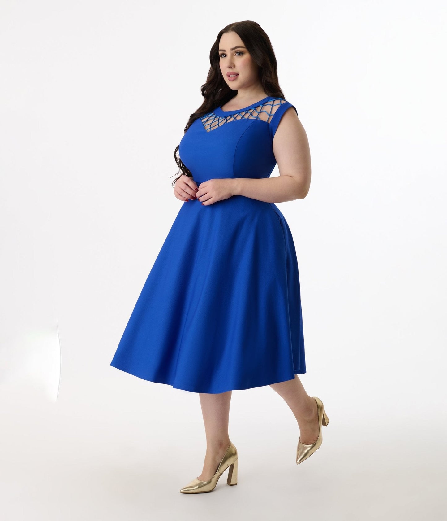 Unique Vintage Plus Size 1950s Royal Blue Diamond Cable Swing Dress