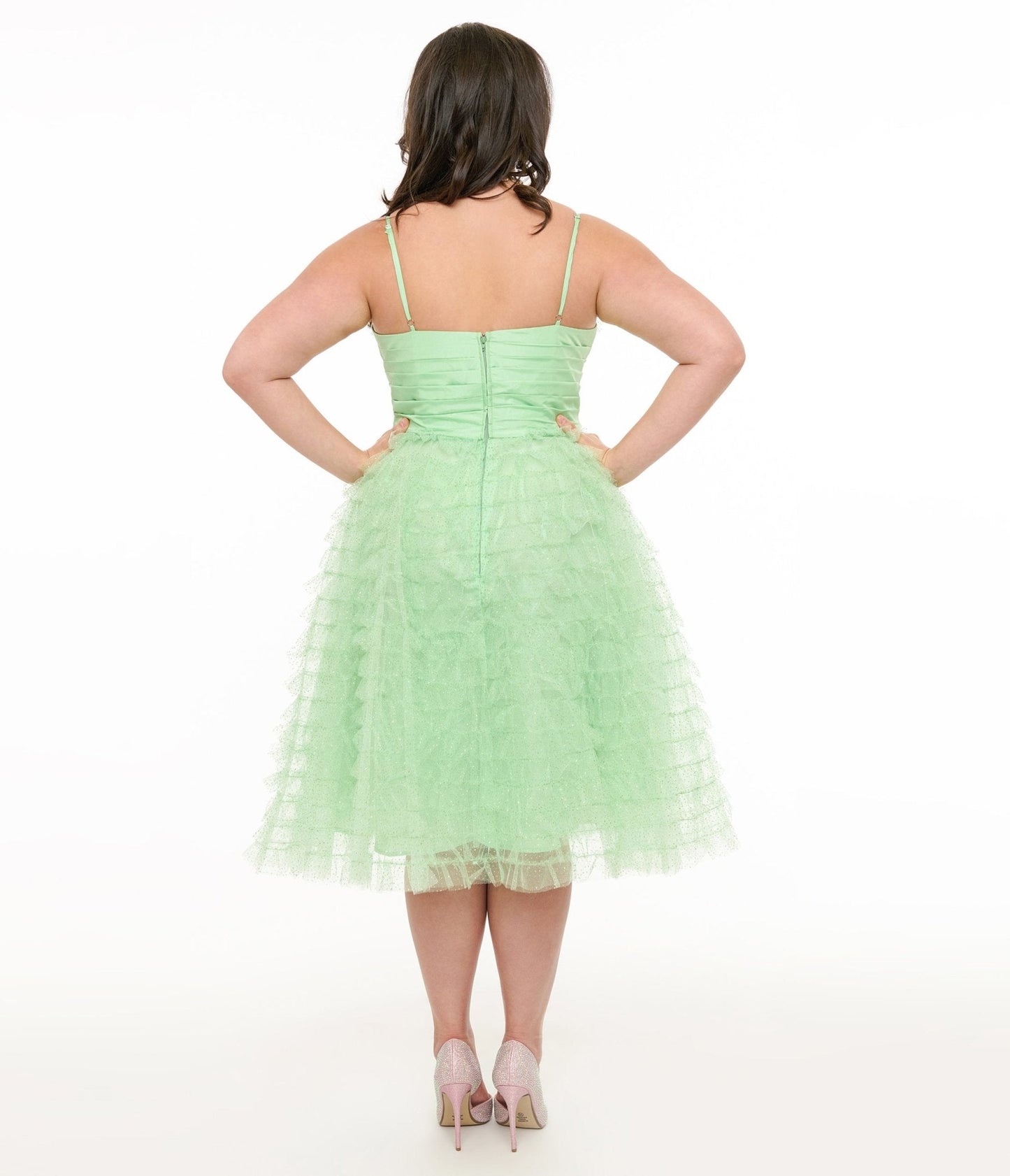 Unique Vintage Plus Size Mint Green Glitter Tulle Cupcake Swing Dress