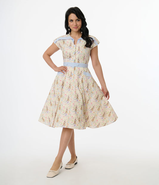 Unique Vintage 1950s Cream & Light Blue Bunny Rabbit Print Hedda Swing Dress