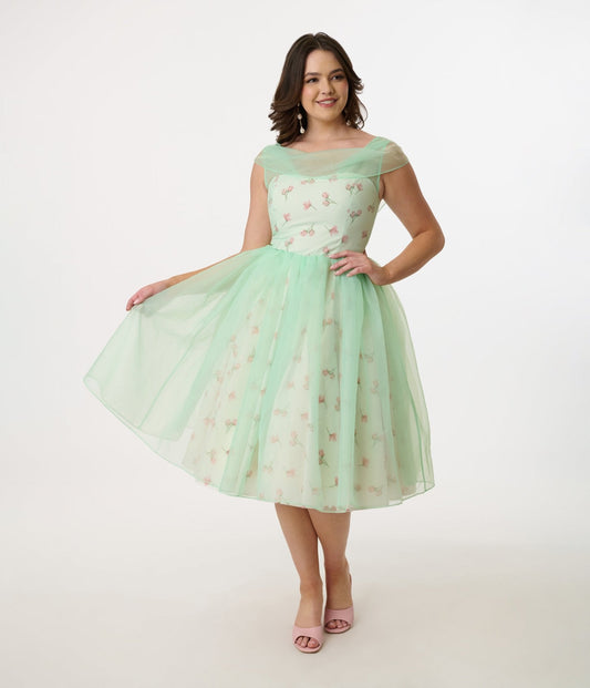 Barbie x Unique Vintage 1960s Green Chiffon & Rose Modern Art Swing Dress