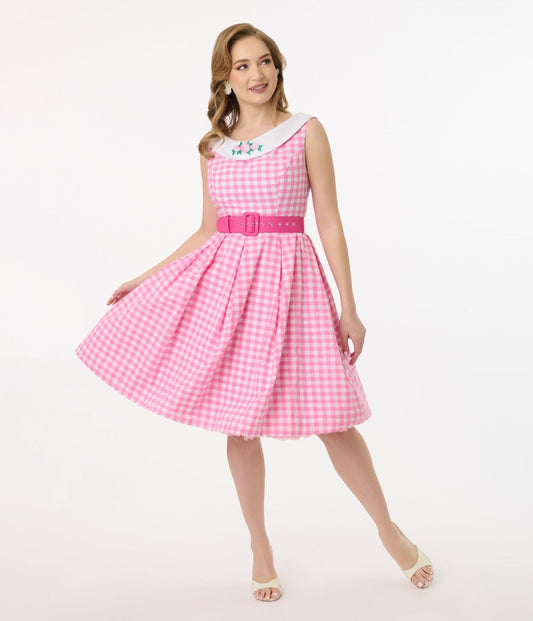 Barbie x Unique Vintage 1960s Pink Gingham Cotton Dancing Doll Swing Dress