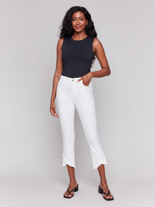 Embroidered Bootcut Twill Pants with Tulip Hem - White