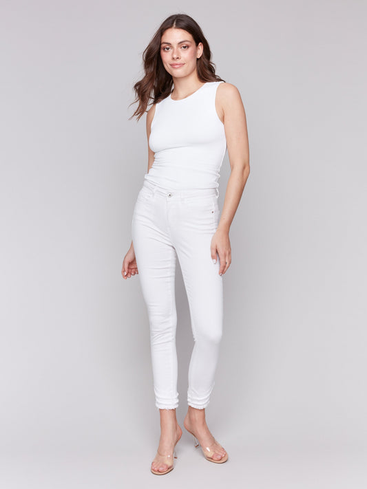 Frayed Hem Twill Pants - White