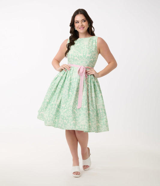 Disney Bambi Collection by Unique Vintage Green Forest Friends & Pink Gingham Sleeveless Swing Dress