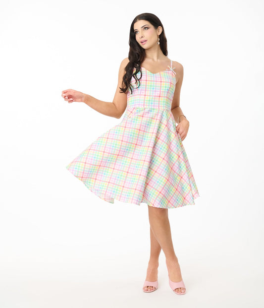 Hell Bunny Rainbow Gingham Cotton Swing Dress