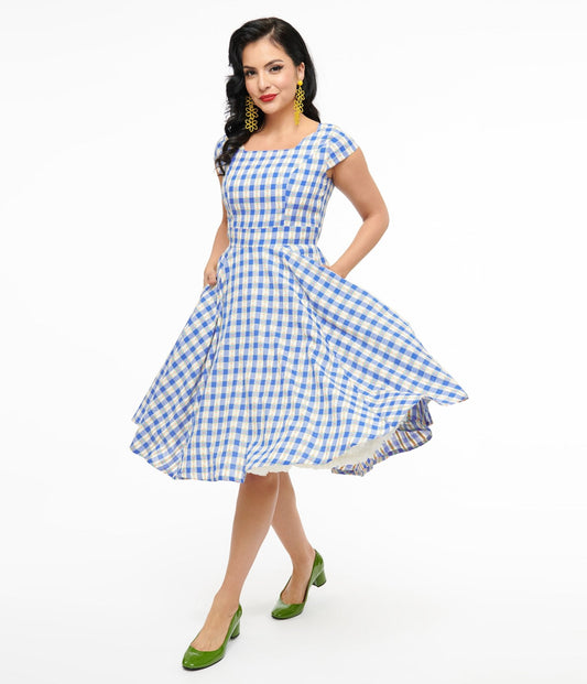 Magnolia Place 1950s Blue Floral Gingham Anna Swing Dress