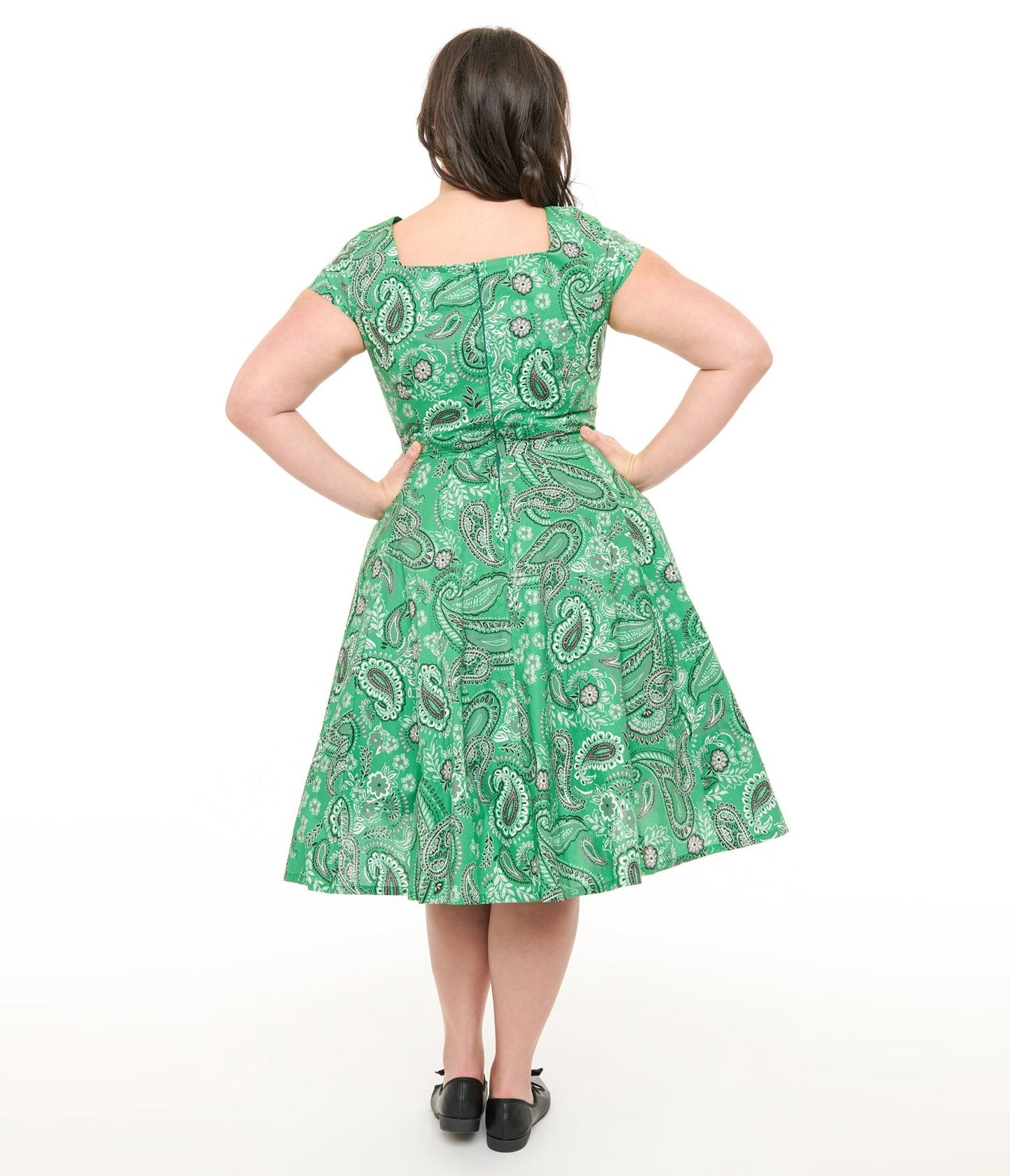 Magnolia Place Plus Size 1950s Green Bandana Print Anna Cotton Swing Dress