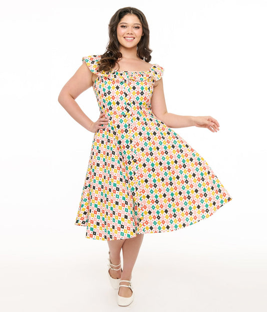 Magnolia Place Plus Size 1950s Multicolor Diamond Print Barbara Swing Dress
