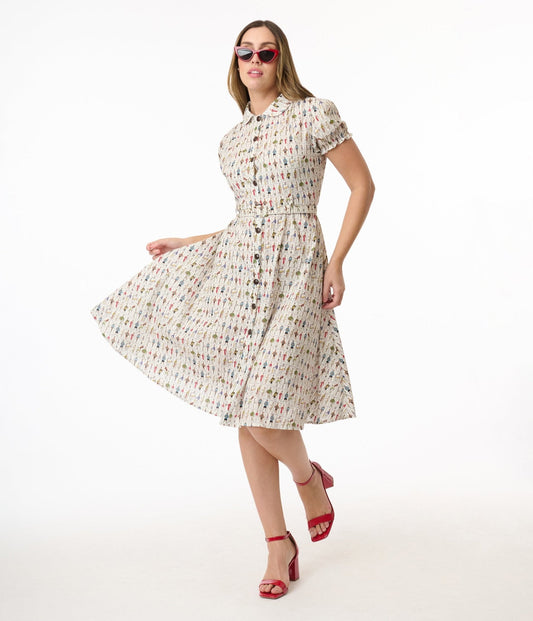 Royal Monk 1950s Retro Sports Star Print Cotton Shirt Dress
