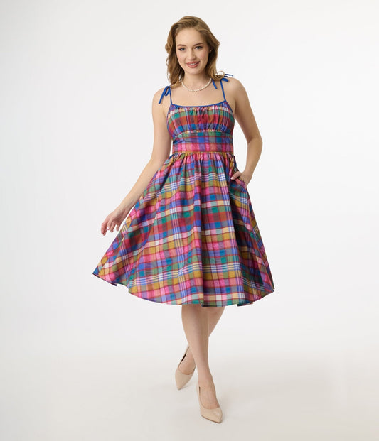 Unique Vintage 1950s Multicolor Plaid Sleeveless Cotton Swing Dress
