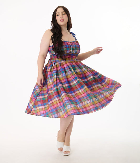Unique Vintage Plus Size 1950s Multicolor Plaid Sleeveless Cotton Swing Dress